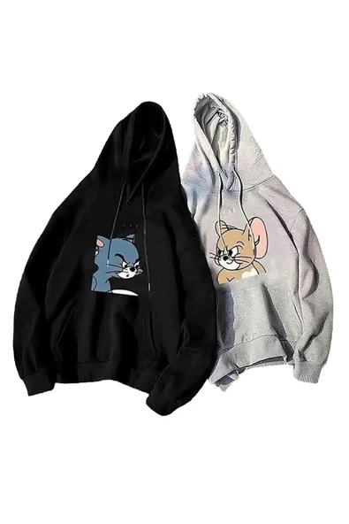 Unisex 2li Siyah Gri Tom Ve Jery Baskılı Oversize Kapüşonlu Sweatshirt ürün görseli 1