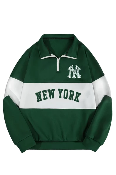 Unisex Yeşil New York Baskılı Oversize Parçalı Polo Yaka Fermuarlı Sweatshirt ürün görseli 1