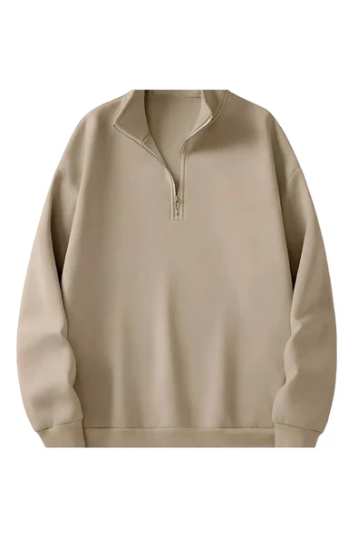 Unisex Dik Yaka Yarım Fermuarlı Oversize Sweatshirt ürün görseli 1