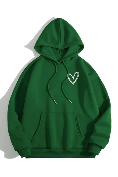 Unisex Kalp Baskılı Oversize Kapüşonlu Sweatshirt - Resim 5