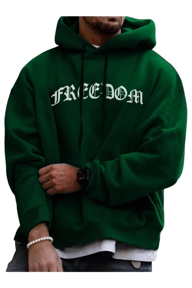 Unisex Freedom Baskılı Oversize Kapüşonlu Sweatshirt - Resim 4