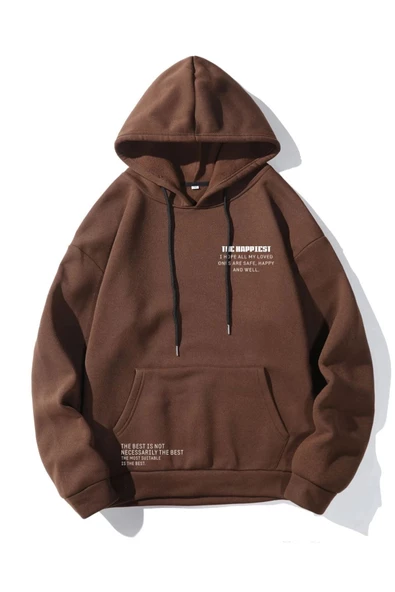 Unisex Happiest Baskılı Oversize Kapşonlu Sweatshirt - Resim 6