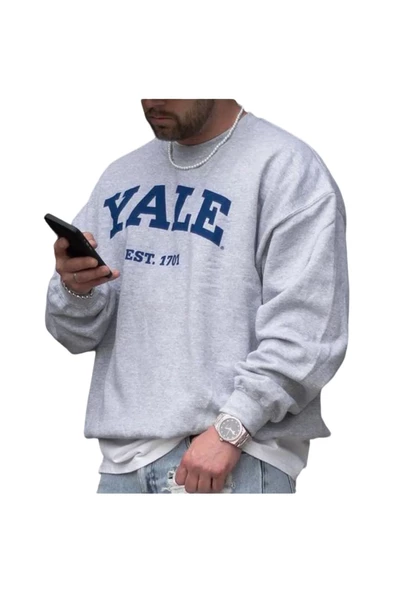 Unisex Gri Yale Baskılı Bisiklet Yaka Oversize Sweatshirt ürün görseli 1
