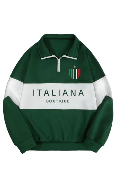 Unisex Yeşil Boutique Baskılı Oversize Parçalı Polo Yaka Fermuarlı Sweatshirt ürün görseli 1
