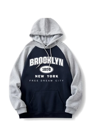 Unisex Siyah-Gri Brooklyn 1898 New York Baskılı Oversize Kapşonlu Sweatshirt ürün görseli 1