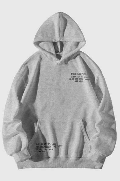 Unisex Happiest Baskılı Oversize Kapşonlu Sweatshirt - Resim 3