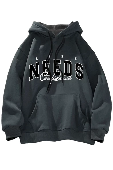 Unisex Siyah Needs Baskılı Kapüşonlu Oversize Sweatshirt - Resim 2