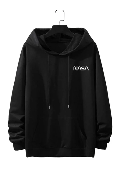 Unisex Siyah Nasa Yazı Baskılı Oversize Kapşonlu Sweatshirt ürün görseli 1