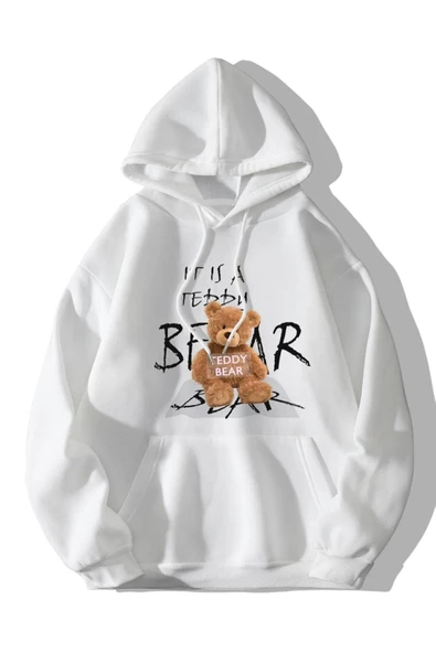 Unisex Beyaz Bear Ayı Baskılı Oversize Kapşonlu Sweatshirt ürün görseli 1