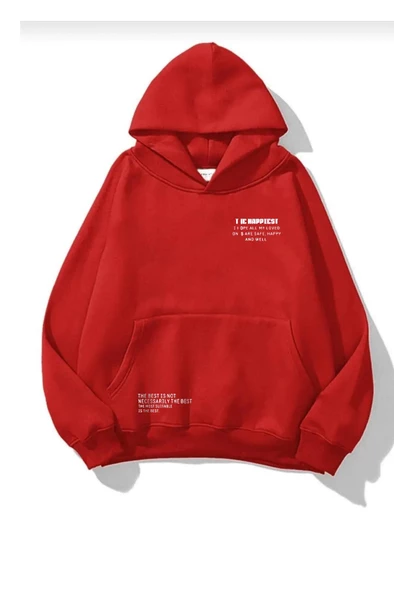 Unisex Happiest Baskılı Oversize Kapşonlu Sweatshirt - Resim 4