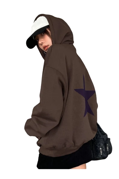 Unisex Yıldız Sırt Baskılı Oversize Kapşonlu Sweatshirt ürün görseli 1