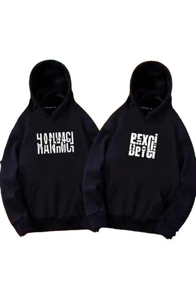 Unisex 2'li Siyah Hanımcı Ve Beyci Baskılı Oversize Kapşonlu Sweatshirt ürün görseli 1