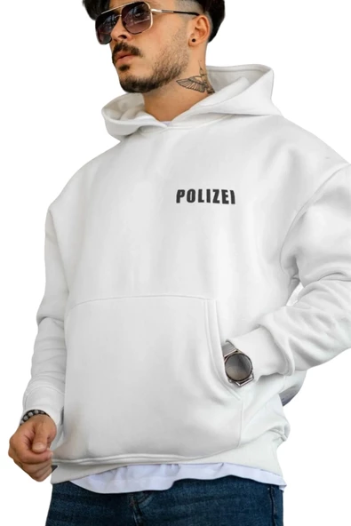 Unisex Polizei Baskılı Oversize Kapüşonlu Sweatshirt ürün görseli 1