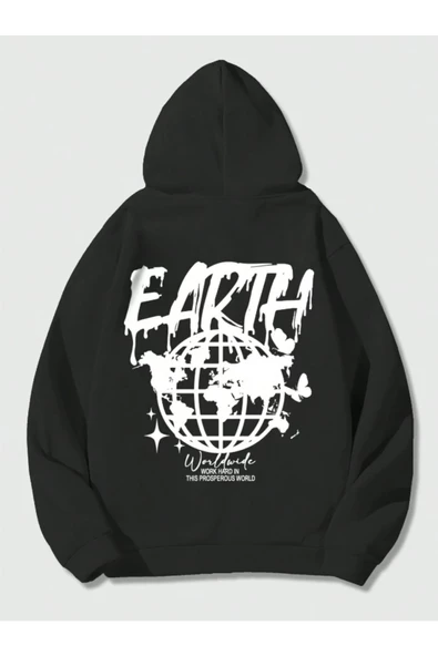 Unisex Earth Baskılı Kapüşonlu Sweatshirt - Resim 10