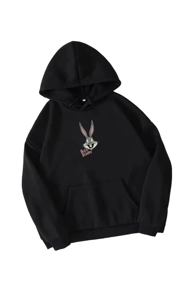 Unisex Siyah Buggs Bunny Baskılı Oversize Kapüşonlu Sweatshirt ürün görseli 1