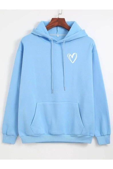 Unisex Kalp Baskılı Oversize Kapüşonlu Sweatshirt - Resim 4