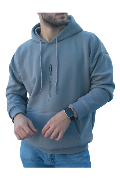 Unisex Göğüs Dikey Baskılı Kapşonlu Oversize Sweatshirt ürün görseli 1