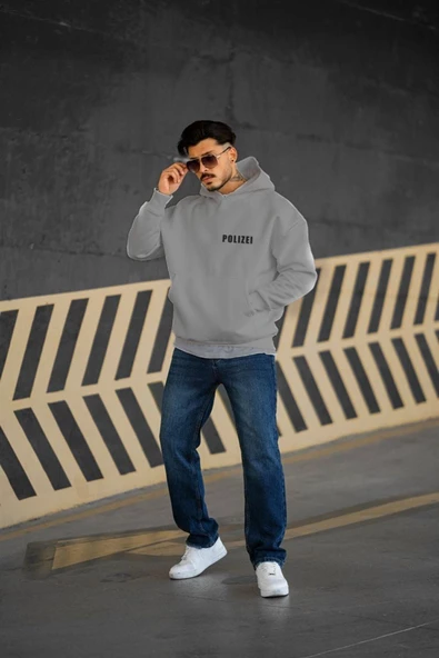 Unisex Polizei Baskılı Oversize Kapüşonlu Sweatshirt - Resim 7