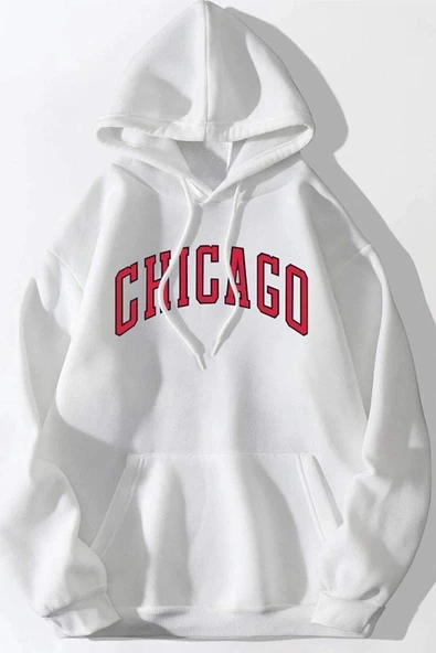 Unisex Beyaz Chicago Baskılı Oversize Kapşonlu Sweatshirt ürün görseli 1
