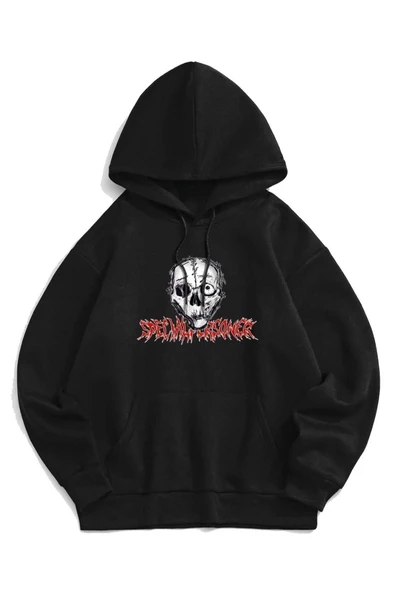 Unisex Siyah Kurukafa Baskılı Oversize Kapşonlu Sweatshirt ürün görseli 1