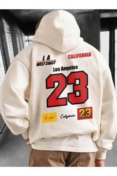 Unisex Bej California Los Angeles 23 Baskılı Oversize Kapşonlu Sweatshirt ürün görseli 1
