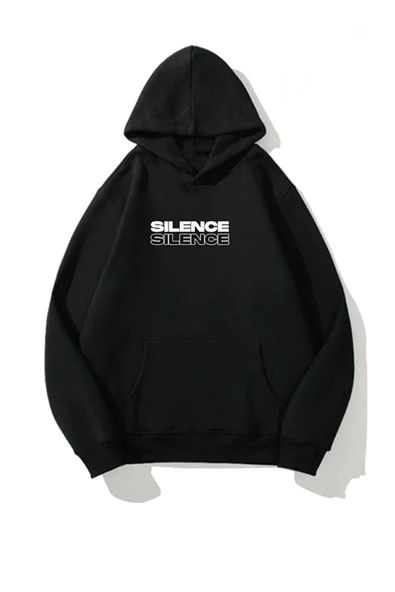 Unisex Siyah Silence Baskılı Oversize Kapşonlu Sweatshirt ürün görseli 1