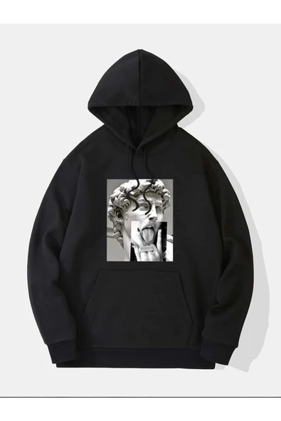 Unisex Heykel Baskılı Oversize Kapşonlu Sweatshirt ürün görseli 1