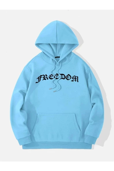 Unisex Freedom Baskılı Oversize Kapüşonlu Sweatshirt - Resim 5