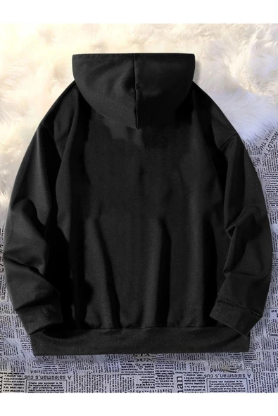 Unisex Siyah Needs Baskılı Kapüşonlu Oversize Sweatshirt - Resim 5