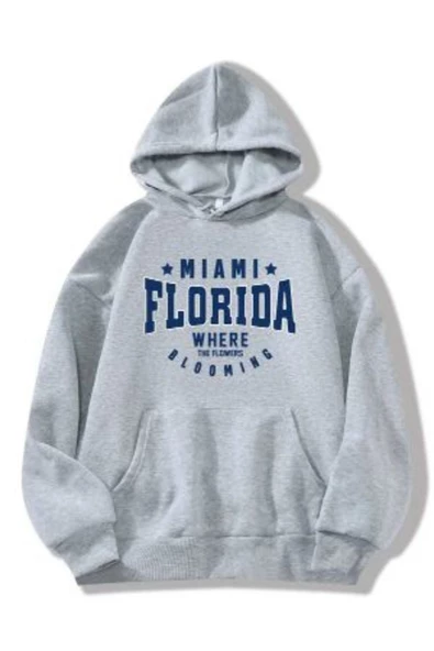 Unisex Gri Florida Baskılı Kapşonlu Oversize Sweatshirt ürün görseli 1
