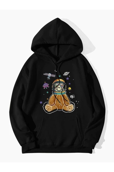 Unisex Siyah Astronot Ayı Baskılı Oversize Kapşonlu Sweatshirt ürün görseli 1