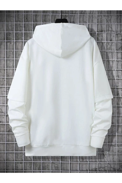Unisex Beyaz Oversize Kapşonlu Sweatshirt - Resim 2