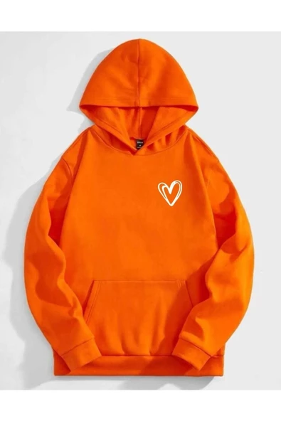 Unisex Kalp Baskılı Oversize Kapüşonlu Sweatshirt - Resim 3