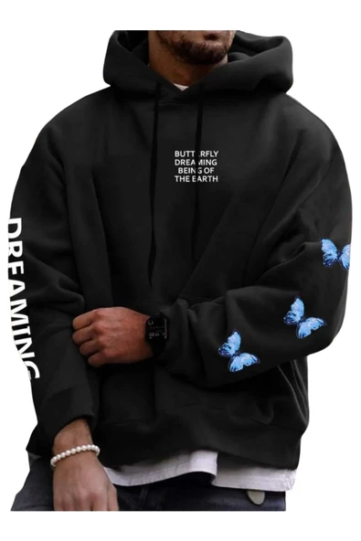 Unisex Siyah Dream Kelebek Baskılı Kapşonlu Oversize Sweatshirt ürün görseli 1