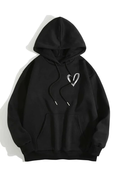 Unisex Kalp Baskılı Oversize Kapüşonlu Sweatshirt - Resim 8