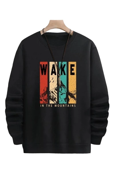 Unisex Siyah Wake Baskılı Bisiklet Yaka Oversize Sweatshirt ürün görseli 1