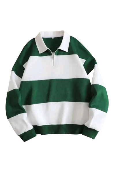 Unisex Çizgili Oversize Polo Yaka Yarım Fermuarlı Sweatshirt ürün görseli 1