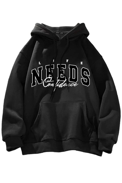 Unisex Siyah Needs Baskılı Kapüşonlu Oversize Sweatshirt ürün görseli 1