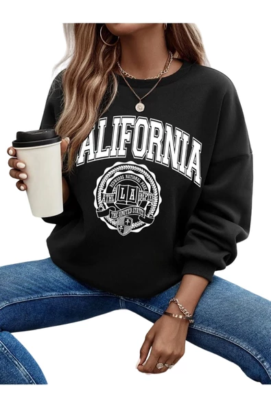 Unisex Siyah California Baskılı Bisiklet Yaka Oversize Sweatshirt ürün görseli 1