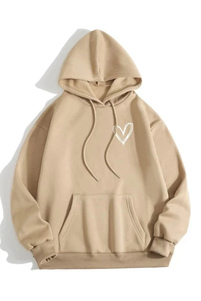 Unisex Kalp Baskılı Oversize Kapüşonlu Sweatshirt - Resim 11
