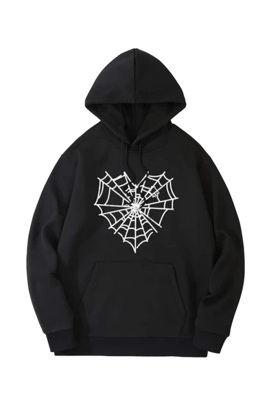 Unisex Siyah Kalp Ağ Baskı Detaylı Oversize Kapşonlu Sweatshirt ürün görseli 1