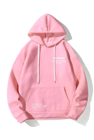 Unisex Happiest Baskılı Oversize Kapşonlu Sweatshirt - Resim 10