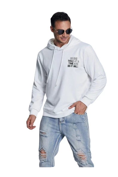 Unisex Beyaz Sırt Baskılı Kapşonlu Oversize Sweatshirt ürün görseli 1