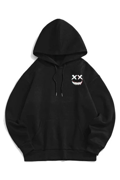 Unisex Gülücük Baskılı Oversize Kapşonlu Sweatshirt ürün görseli 1