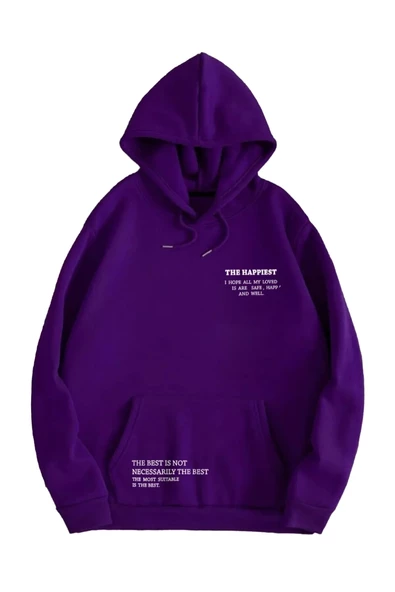 Unisex Happiest Baskılı Oversize Kapşonlu Sweatshirt - Resim 2