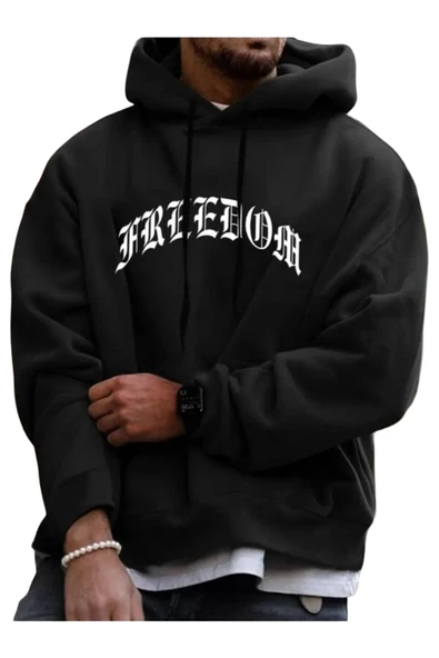 Unisex Freedom Baskılı Oversize Kapüşonlu Sweatshirt - Resim 2
