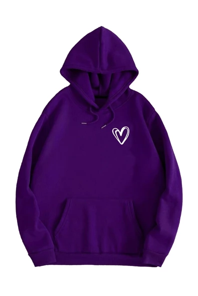 Unisex Kalp Baskılı Oversize Kapüşonlu Sweatshirt - Resim 2