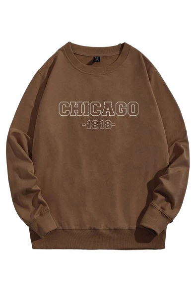 Unisex Kahverengi Chicago Baskılı Bisiklet Yaka Oversize Sweatshirt ürün görseli 1