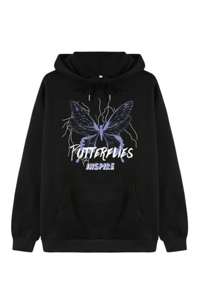 Unisex Siyah Butterfly Baskılı Oversize Kapşonlu Sweatshirt ürün görseli 1