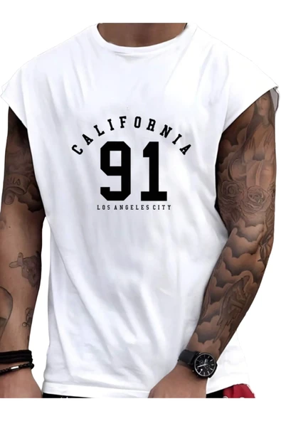 Erkek Beyaz California 91 Baskılı Kolsuz T-shirt ürün görseli 1
